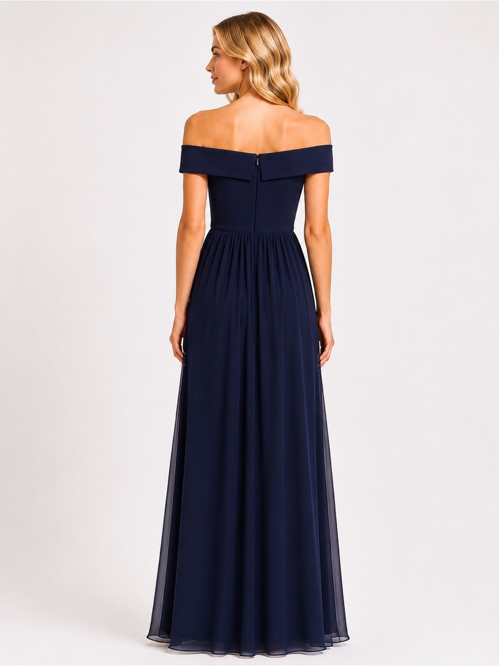 Adrianna Papell Off Shoulder Crepe Chiffon Formal Gown Dark Blue 2 NWT - Picture 3 of 16